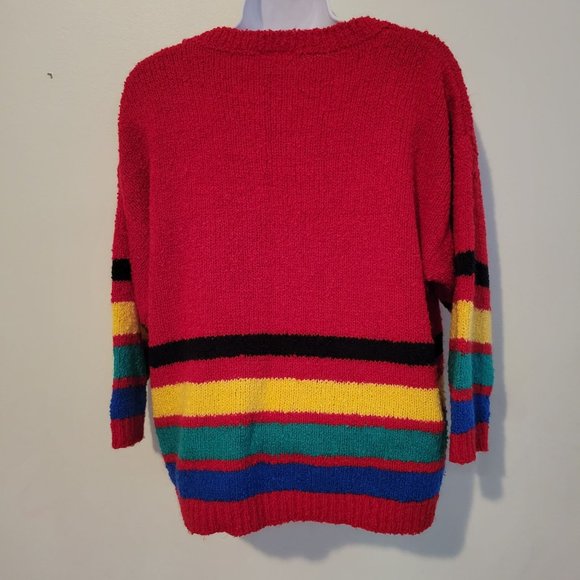 Beldoch Popper M Striped Red Pullover Sweater‎ Primary Colors Pocket - Picture 2 of 5
